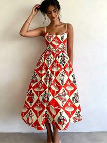 2026 Spring New Women's Clothing, Cross-Border European And American Dress, Sexy Waist-Cinching Pleated Solid Color Large Hem Strap Dress - 橙色印花 - 查看 6