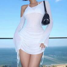 Minivestido liso con tirantes fruncidos y cuello oblicuo para mujer, minivestido transparente con cordones, ropa de fiesta para discoteca, verano 2025,  al por mayor - Blanco - Ver 4