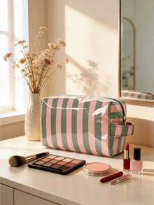1/2pcs-Aesthetic Storage & Organization With Waterproof Shiny Finish Stylish Cosmetic Bag Striped Storage Bag For Fashionable Women And Travelers Large Capacity Striped Glossy Makeup Case Bathroom Vanity Bedroom Desk Organization Hold Palette Brushes - Multicolor - View 4