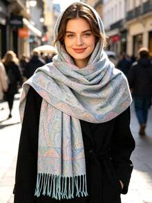 1 chiếc khăn choàng nữ phong cách Boho có tua rua, họa tiết Paisley, khăn trùm đầu Hồi giáo họa tiết đá Pashmina, màu hồng, nhiều kiểu dáng khăn trùm đầu tinh tế, thích hợp làm quà tặng, phù hợp cho các hoạt động hàng ngày mùa thu và mùa đông. - Màu xanh nhạt - Xem 3