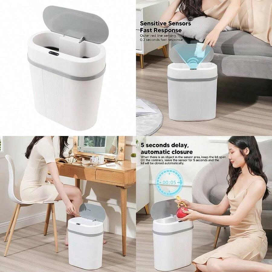 Asixxsix Bote de Basura para baño 12L Bote de Basura Inteligente sin con Tapa Bote de Basura eléctrico de plástico Estrecho a Prueba de Agua a Prueba de Perros - como en la imagen - Ver 1
