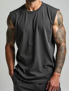 Men's Tank Top, Bodybuilder Style, 100% Premium Cotton, Sleeveless, Bodybuilder Style, Workout/Gym - Dark Grey - View 5