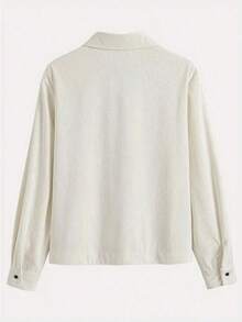 Camisa de mujer de pana con botones, de ajuste relajado, chaqueta de cárdigan de manga larga de moda informal, blusas holgadas con bolsillo para otoño 2025 y primavera - Albaricoque - Ver 3
