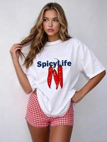 女士“Spicy Life”辣椒印花T恤 - 甜辣风格，宽松圆领短袖上衣 - 百搭白色针织夏季休闲装 - 白色 - 查看 5