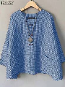 ZANZEA-Blusa holgada informal para mujer, camisa de cuello redondo con estampado a cuadros, Tops de manga 3/4 con bolsillo, Blusas simples Harajuku - Azul - Ver 4