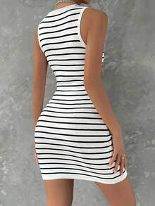 Vestido de punto a la cadera con cintura y cremallera para mujer, vestido ajustado a la cadera de punto de manga corta a la moda - BLANCO - Ver 2