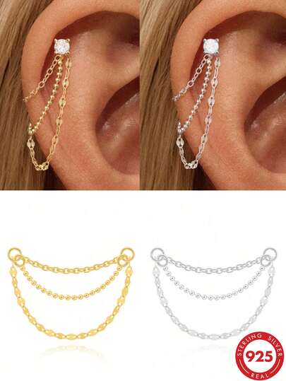 1pc 925 Sterling Silver Four-Claw Set/Stud Earrings, Triple Chain Pendant, Flat Ear Cartilage Piercing Delicate Jewelry, Suitable For Daily Wear, Wedding, Party, Engagement, Anniversary, Valentine's Day