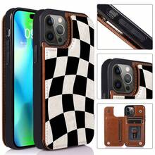 Wavy Checkered Flag Pattern Faux Leather Wallet Case For IPhone 17/16 Pro Max/15/14/13/12/11/ Galaxy Phone Cases|Slim Shockproof TPU With 3 Card Slots|Gift Idea- Replace Your Wallet - màu nâu - Xem 2