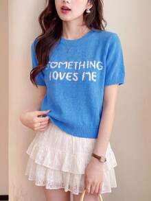 Women's Casual Letter Design Round Neck Knit Short Sleeve T-Shirt, Summer - Blue - View 1