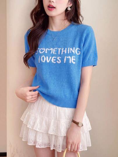 Women's Casual Letter Design Round Neck Knit Short Sleeve T-Shirt, Summer