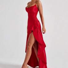 Satin Maxi Dress, Sexy Spaghetti Strap Open Back Ruffle Irregular Hem, Evening Party Prom Gown - Đỏ - Xem 3