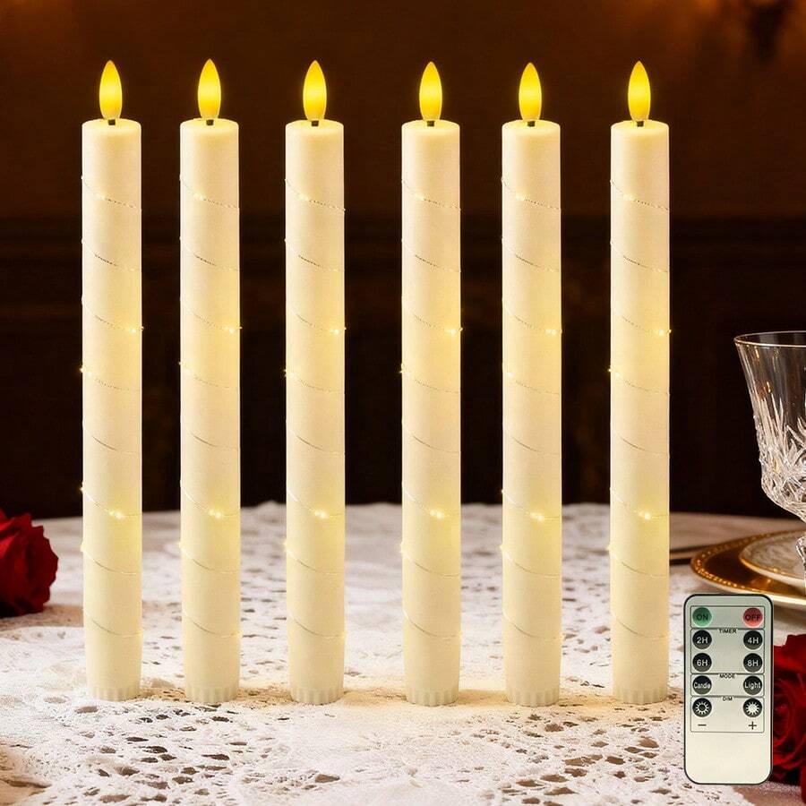 6pcs/Set Remote Control Flameless LED Candle Lights With Realistic Flickering Flame Effect, Long Straight Candle Holders With Lighting String, Battery Powered Rotating Switch (Batteries Not Included), Ivory White Plastic Candle Holders, Suitable For Dinner, Valentine's Day, Wedding, Carnival, Party Decoration - 6pcs/set Remote Control - View 1