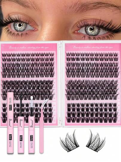 294pcs Cluster Eyelash Extension Kit, Soft & Comfortable, Includes Eyelash Glue, Sealant, Eyelash Tweezers, DIY Eyelash Extension Set
