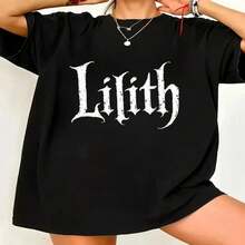 Casual Round Neck T-Shirt For Summer With Lilith Print In Gothic Font - Black - View 1