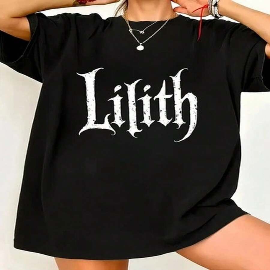 Casual Round Neck T-Shirt For Summer With Lilith Print In Gothic Font - Black - View 1