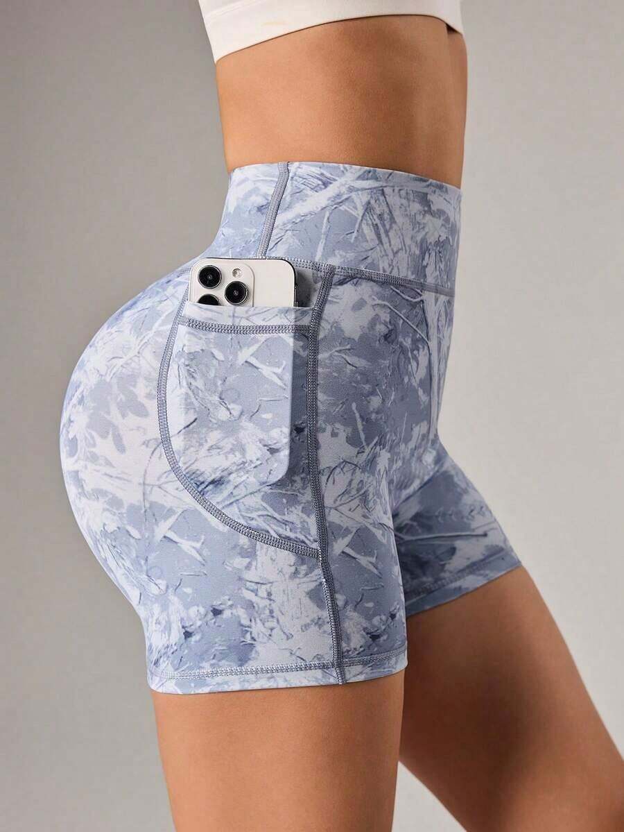 Pantalones cortos deportivos de cintura alta con bolsillos, ajustados, con estampado de leopardo de colores, pantalones cortos de yoga con bolsillo, pantalones cortos de mujer con bolsillos, ropa deportiva activa para mujer - Blanco y Negro - Ver 1