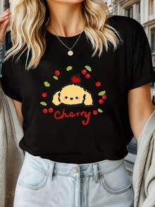 A Cute Cherry Pattern T-Shirt With An Adorable Cartoon Design, This Versatile Black Top Is Perfect For A Comfortable And Casual Style, Ideal For Everyday Wear - 黑色 - 查看 1