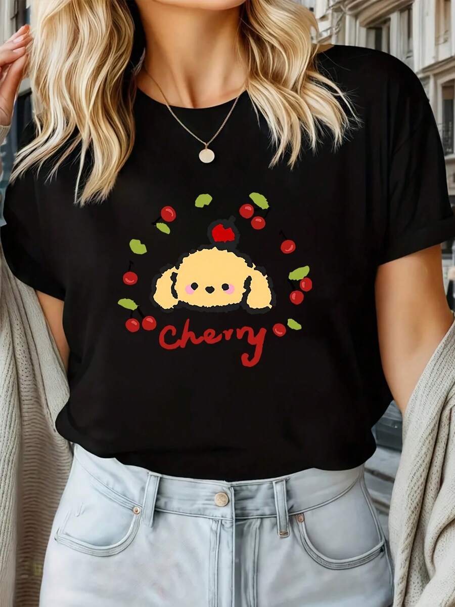A Cute Cherry Pattern T-Shirt With An Adorable Cartoon Design, This Versatile Black Top Is Perfect For A Comfortable And Casual Style, Ideal For Everyday Wear - 黑色 - 查看 1