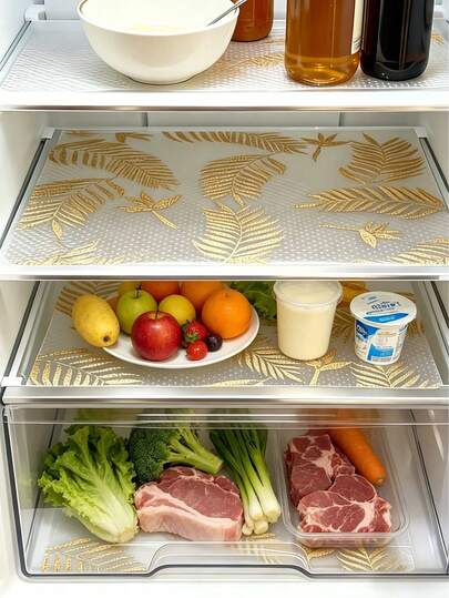 4pcs Premium Refrigerator Anti-Moisture Mats - Washable Kitchen Fridge Liners, Anti-Humidity Pads, Drawer Mats, Creative Gold Leaf Pattern, Customizable Cabinet & Drawer Liners. Easy Clean - Durable Non-Slip Mats, Suitable For Shelves, Refrigerators, Cabinets, Wallpapers, Dining Tables, Kitchen Accessories, Storage Rooms, Home Supplies