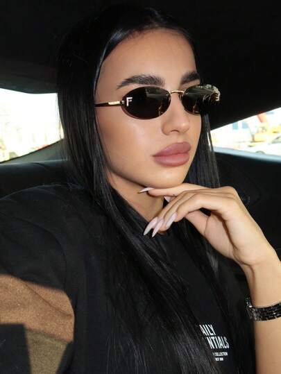 1pc Women's Frameless Metal Rhinestone Letter Y2K Style Fashion Glasses, Oval Letter Decor Retro College Style Back To School Essential