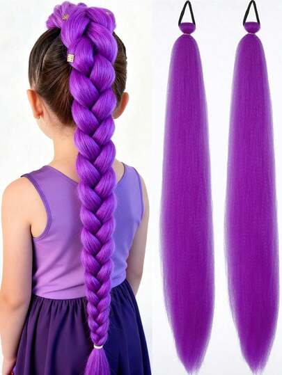 Bộ 2 tóc giả bện màu tím dài 26 inch dành cho bé gái, có kết cấu tóc thẳng dài, kiểu đuôi ngựa bồng bềnh chịu nhiệt, phù hợp cho bé gái sử dụng hàng ngày, dự tiệc và tụ họp.