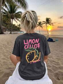 Plus Size Women's Casual Lemon Print Round Neck Short Sleeve T-Shirt, Suitable For Spring, Summer, Autumn, Vacation - Dark Grey - View 2