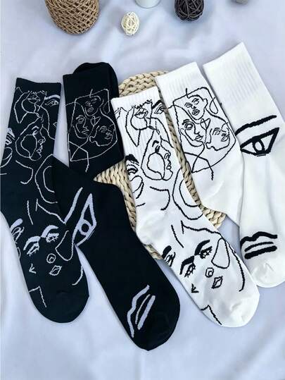 1/3 Pair Artistic Sketch Portrait Socks, Black And White Graffiti Design, Soft And Comfortable Mid-Calf Socks, Fashionable Gift For Art Lovers