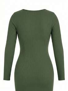 Plus Size Ribbed Midi Dress, Blogger Style, Sheath Dress, Long Sleeves, Elegant Fashion, High Quality, Autumn/Winter, Sizes 46 To 56 - 橄欖綠 - 查看 6