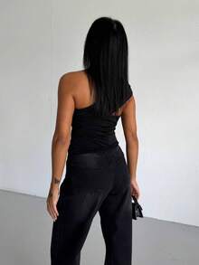 Chic White One-Shoulder Asymmetric Top - Elegant Ruched Blouse With Gold Buckle Detail - Black - View 4
