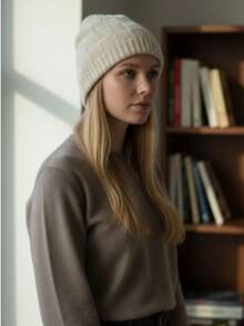 Short Checkered Wool Beanie Hat, Single Layer, Unlined - 香檳色 - 查看 2