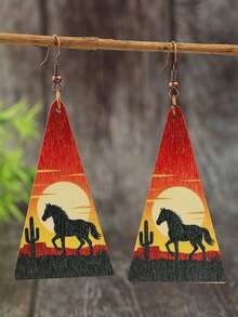 1 Pair Bohemian Style Triangle Geometric Sunset Cactus Western Cowboy Wooden Earrings - Multicolor - View 9