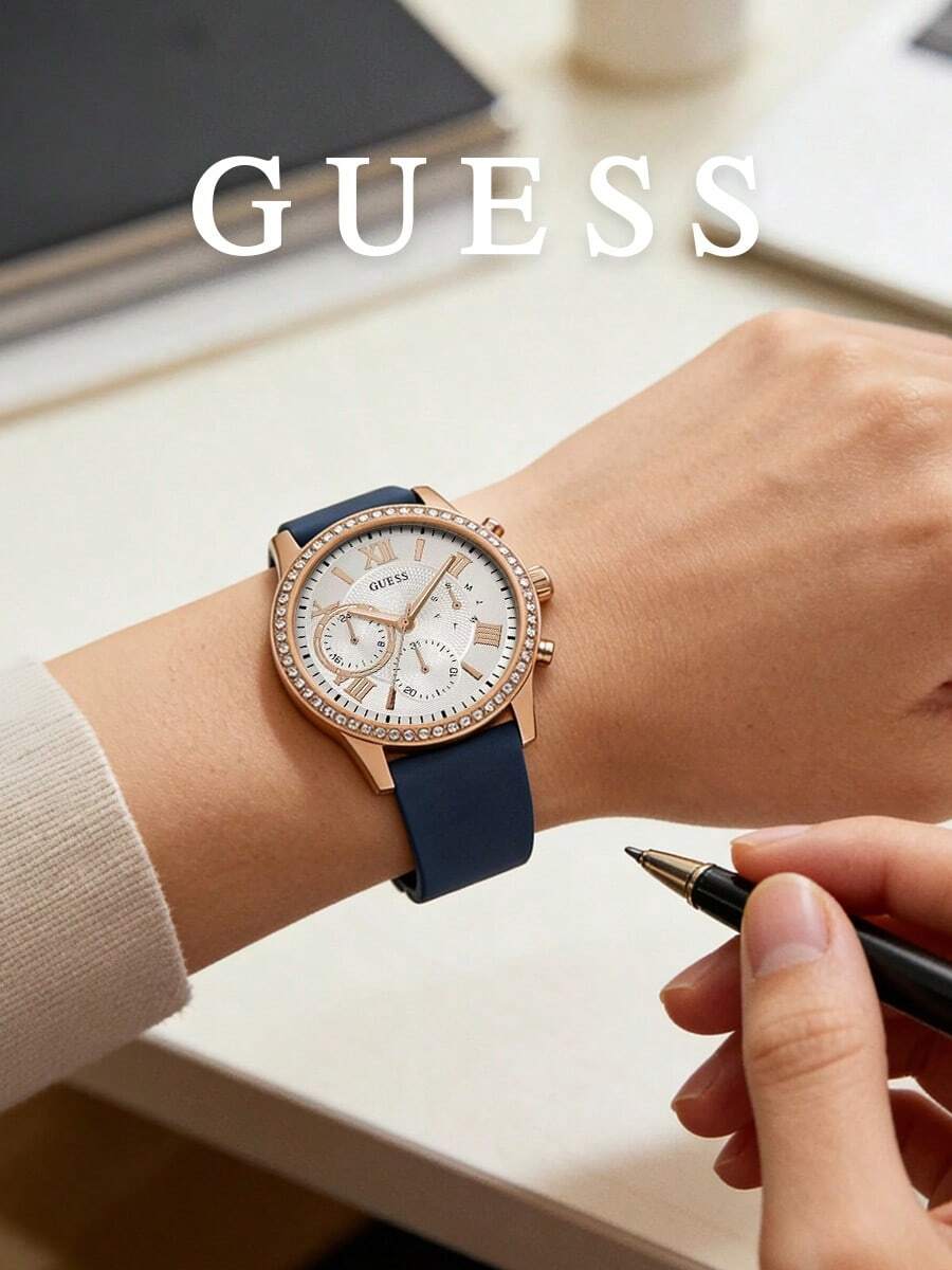 Guess Ladies Multifunction Wristwatch Navy Blue Silicone Strap Rose Gold Crystal Bezel White Dial Roman Numeral Sports Casual Fashion Watch Women Analog Quartz Watch for Work Travel Gym Office Wear Birthday Anniversary Gift Cool Chic Timepiece - 藍色 - 查看 1