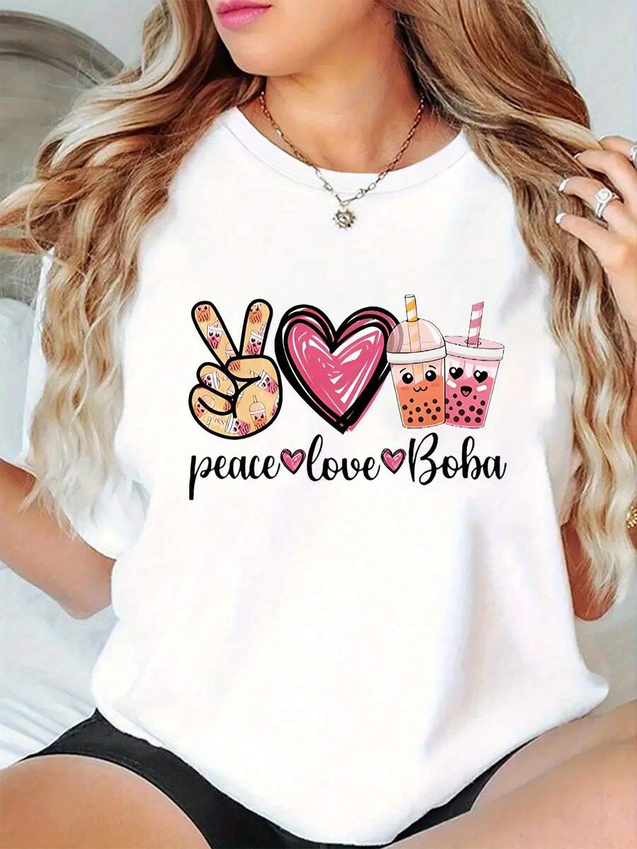 Camiseta de Moda Dulce con Tema de Bubble Tea Peace Love - Camiseta Estampada de Estilo Deportivo Casual y Vibrante para Mujer - Cómoda Camiseta de Manga Corta con Cuello Redondo para Todas las Estaciones