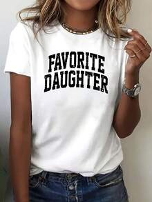 Women's Summer T-Shirt With Round Neck And Short Sleeves | Featuring Distressed "Favorite Daughter" Typography, Casual And Eye-Catching Design, Soft And Comfortable Fabric, Breathable, Suitable For Daily Wear, Casual Outfits, Family Theme Styles, Impactful Fashion Piece - 白色 - 查看 1