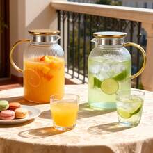 EZIFY 2Pcs Vertical Texture Glass Pitcher Set, Luxury Cold Water Carafe With Golden Handle & Lid, Large Capacity Drink Jug With Bonus Cleaning Brush For Kitchen Home Party - 2-pack Water Bottle With Brush - View 4
