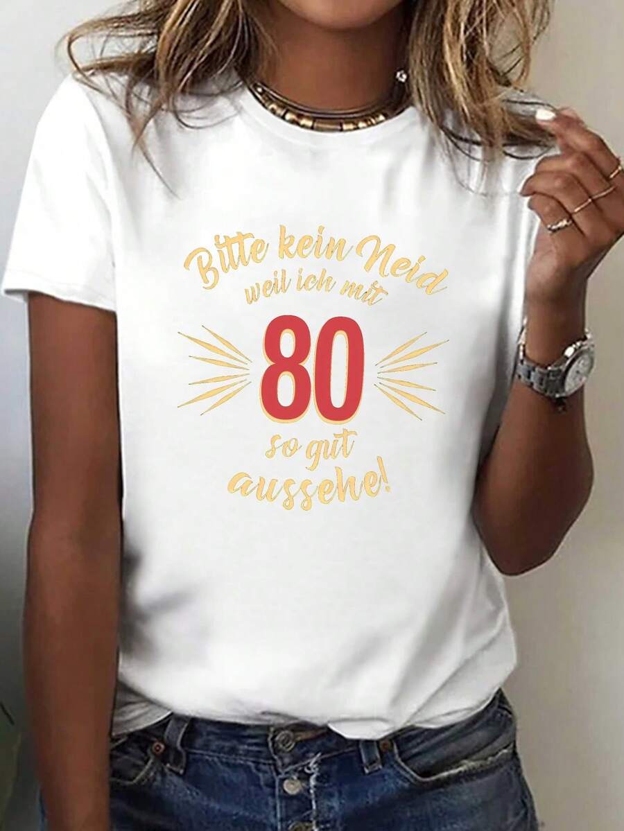 80 Imprimir camiseta, manga corta cuello de tripulación top casual para verano y primavera, ropa de mujer