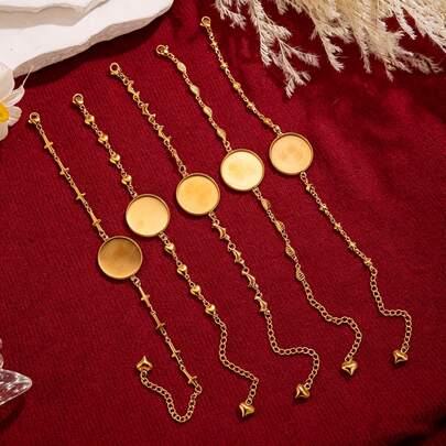 5Pcs 304 Stainless Steel 18K Gold Plated Charm Bracelet Blanks, Chain Bracelets With Round Bezel Tray, DIY Epoxy Resin Jewelry Making Findings