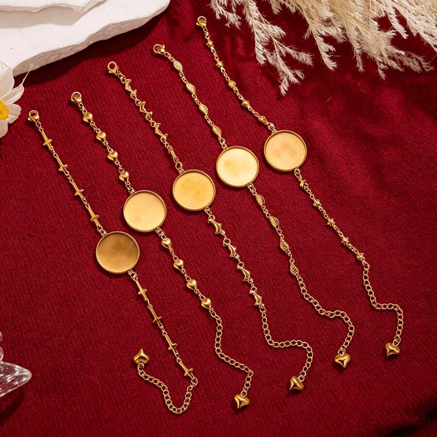 5 chiếc vòng tay charm bằng thép không gỉ 304 mạ vàng 18K, vòng tay dây chuyền kèm khay viền tròn, phụ kiện tự làm trang sức bằng nhựa epoxy. - Vòng đeo tay - Xem 1