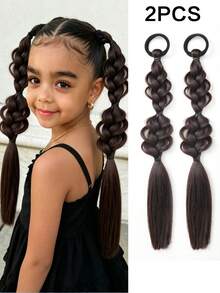 2件装 14英寸 合成盒式鱼骨辫马尾假发片，儿童适用 - 彩色 - 查看 9