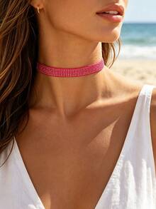 1 pieza Accesorios para mujer, Collar gargantilla con incrustaciones de diamante de imitación de color fucsia, Estilo de vacaciones europeo y americano - Rosa Fucsia - Ver 2