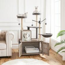 Cat Tree With Cat House, WoodeCat House With Cat Tree Tower, All-In-One Indoor Cat Furniture, Hidden Cat Litter Box Enclosure, Cat Apartment With Scratching Posts, Detachable Cat Teaser Sticks, Multifunctional Cat Tree, Rustic Brown - View 4