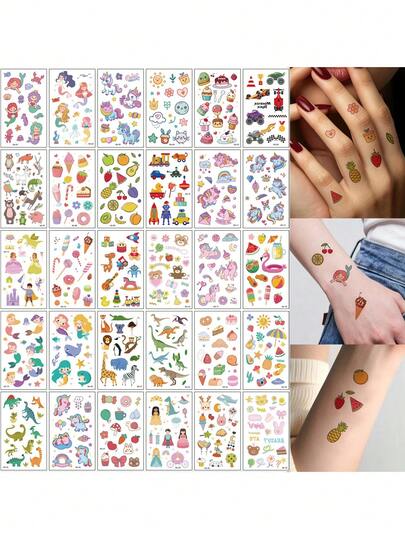 30 Sheets Cartoon Temporary Tattoo Stickers, Waterproof Desserts, Ice Cream, Mermaids, Unicorns Tattoo Stickers For Women Men Hand And Body Decor