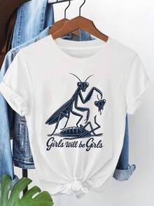 Camiseta de impresión de insectos de Mantis de las mujeres "Será" - Top de verano de cuello redondo de manga corta con humor de insectos, estilo de blusa de primavera adecuado para uso diario y regalos, camiseta gráfica de Mantis lavable a máquina - Blanco - Ver 2