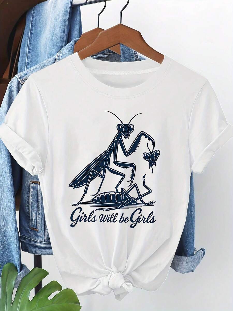 Camiseta de impresión de insectos de Mantis de las mujeres "Será" - Top de verano de cuello redondo de manga corta con humor de insectos, estilo de blusa de primavera adecuado para uso diario y regalos, camiseta gráfica de Mantis lavable a máquina