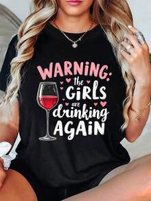 Advertencia Los están bebiendo de nuevo la carta de impresión de la camiseta, manga corta cuello de la tripulación top casual para el verano y la primavera, ropa de mujer - Negro - Ver 2