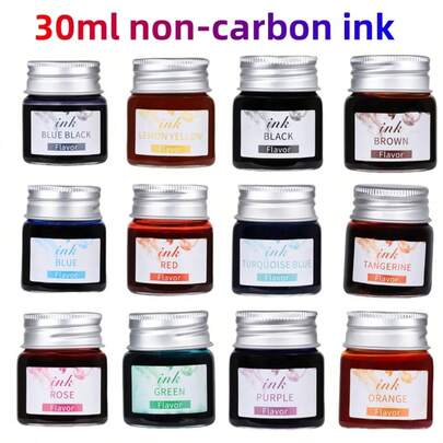 12-Colors Pen Ink Advanced Non-Carbon Non-Blocking Pen Quick Drying For Students Adult Teacher Handwriting With 30ml Bottle Black Red Blue Bright Color Calligraphy With Art Beginners Dip Pen Ink