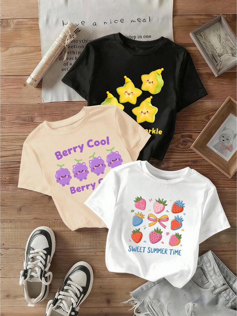 Set de 3 camisetas de mujer con transfer, estrellas amarillas sonrientes, uvas moradas con letras Berry y fresas coloridas con lazo central - blanco+negro+hueso - Ver 1