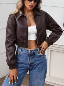 Chaqueta corta de motociclista de cuero sintético para mujer, prenda exterior casual para primavera y otoño - Chocolate - Ver 5