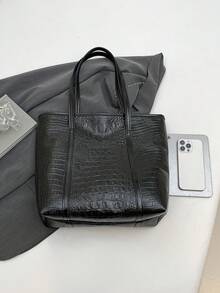 欧美跨境个性化大容量压纹极简鳄鱼纹手提包，新款菱形图案女士通勤单肩包 - 黑色 - 查看 10