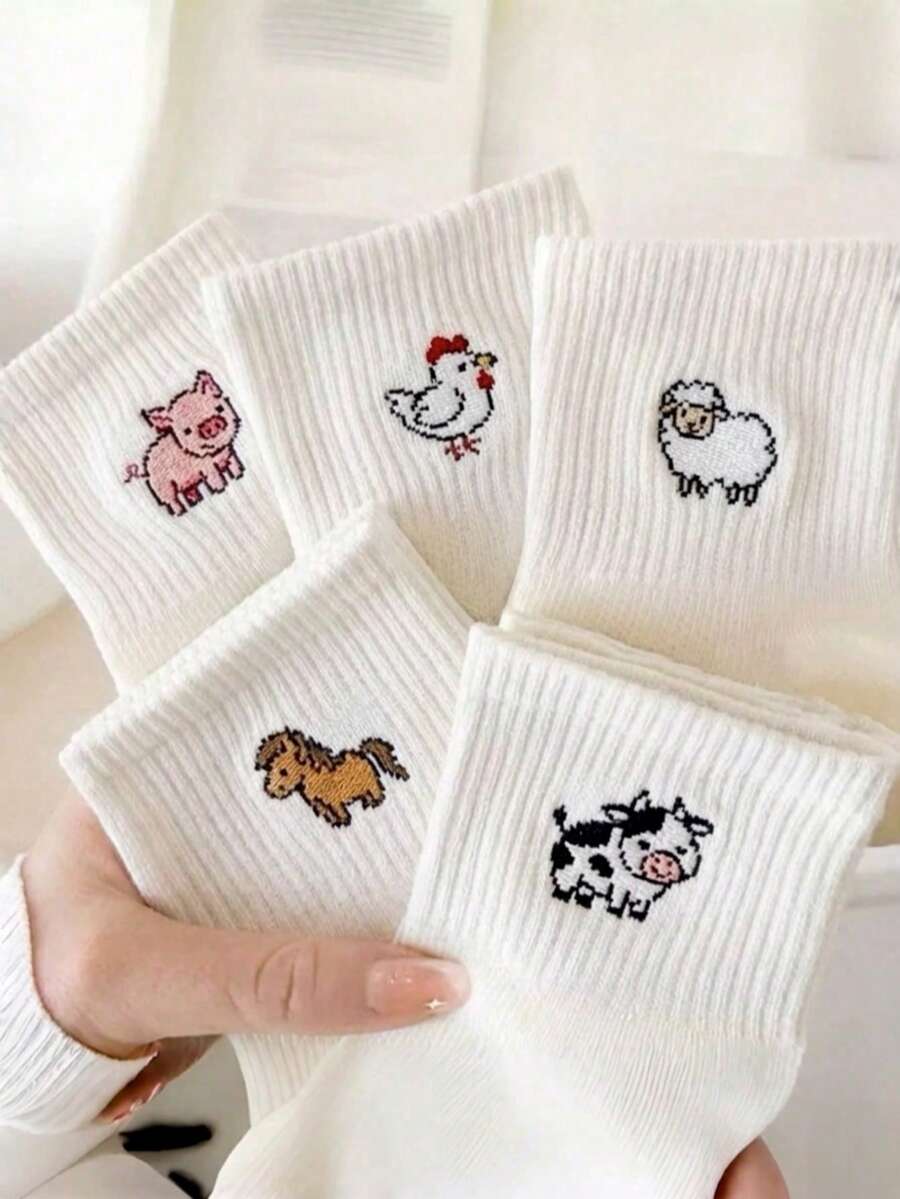 5 pares de calcetines de tripulación transpirables y que absorben la humedad con diseños de animales de dibujos animados (cerdo, oveja, pollo, vaca) en colores aleatorios - Multicolor - Ver 1